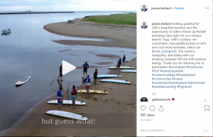 This Instagram post by UNE president James D. Herbert featuring a video of him joining a paddle boarding class on campus at Freddy Beach was a hit, generating about 60 likes