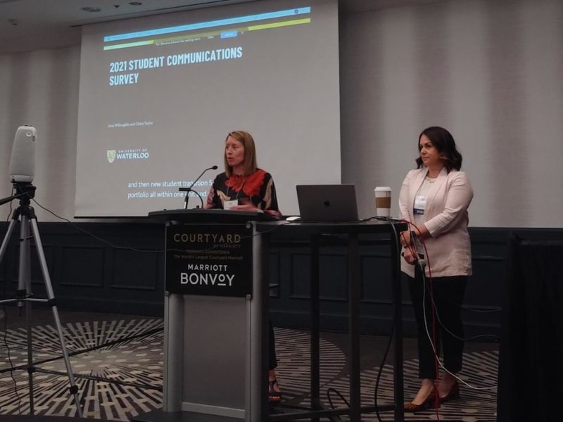 Communicators Jenn Willoughby and Claire Taylor of the University of Waterloo presenting at the 6th Annual Marketing & Communications for Post Secondary Conference.